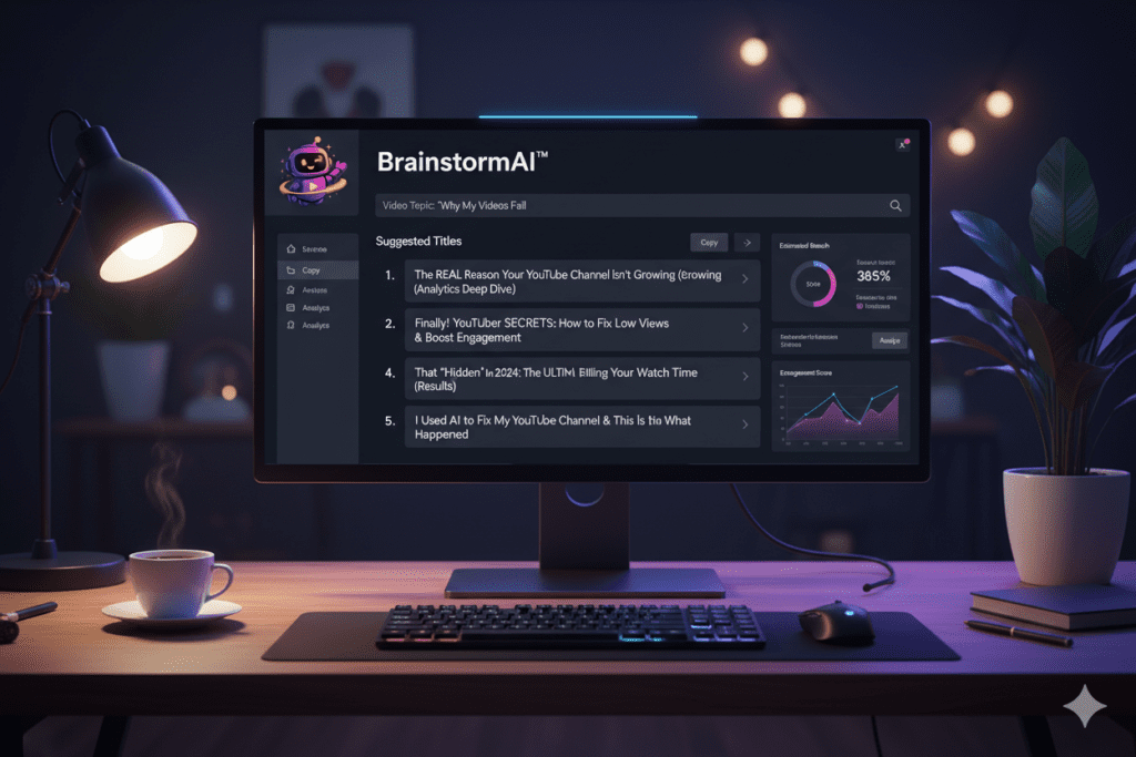 AI-powered YouTube title suggestions on a sleek dashboard interface, multiple title variations shown, creative workspace aesthetic