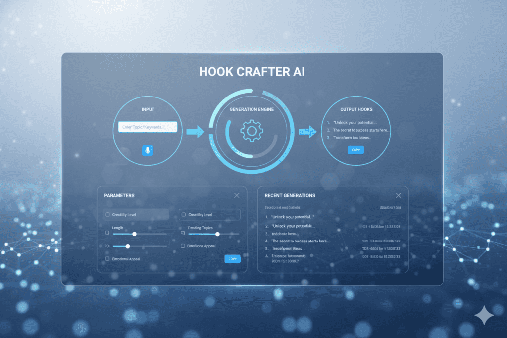 AI tool interface showing hook generation process with arrows, clean tech UI design, blue and white color scheme,