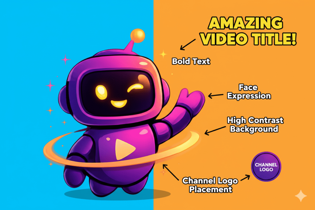 Anatomy of a perfect YouTube thumbnail labeled with arrows pointing to face expression, bold text, high contrast background, and channel logo placement, flat design style