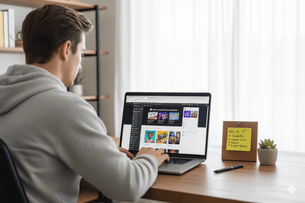 Creator at a clean desk comparing multiple thumbnail tool websites on a laptop screen, with a list of checkmarks on a sticky note beside them
