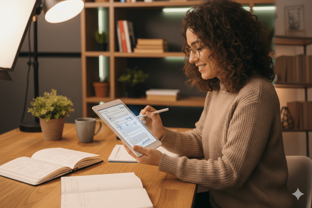 Creator reading through AI script on tablet while making handwritten edits, surrounded by personal notes and examples, warm authentic workspace with personality,