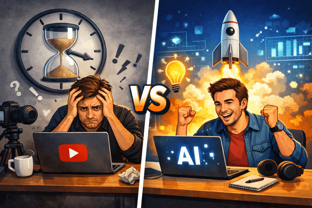 Frustrated YouTuber at laptop with a clock showing time being wasted, versus happy creator using AI tool with rocket launch graphic, comparison style illustration