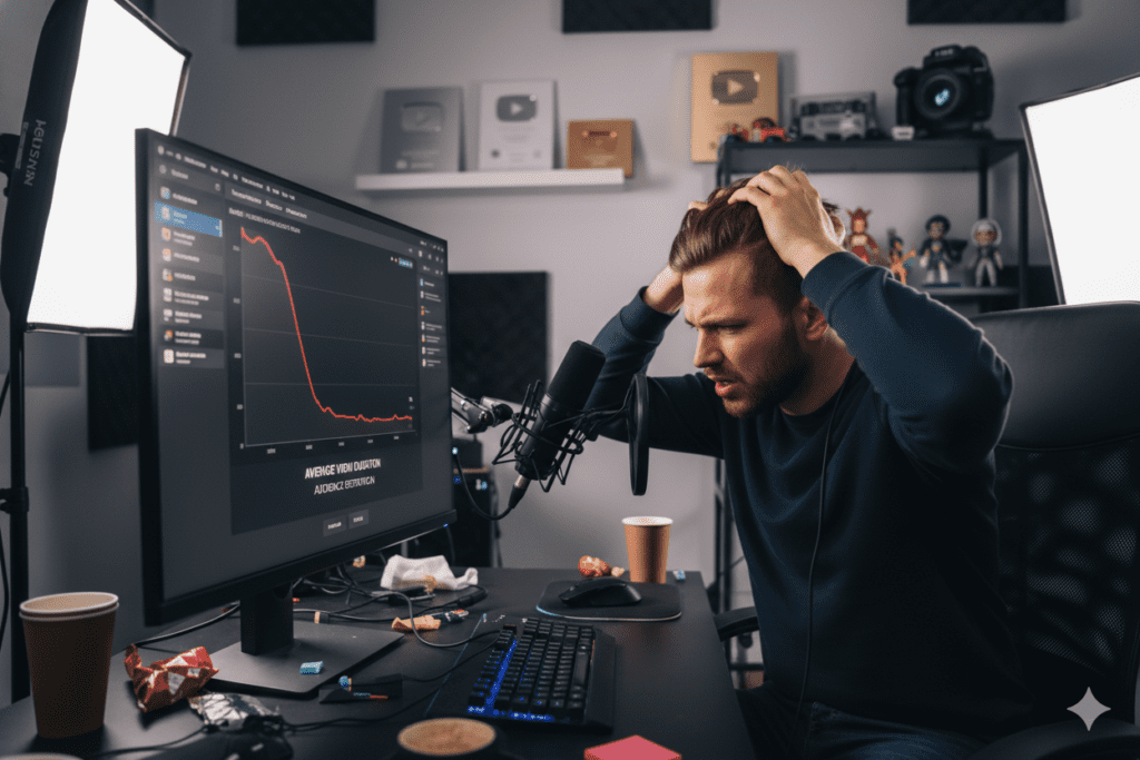 Frustrated YouTuber watching analytics with low retention graph on screen, home studio setting, 