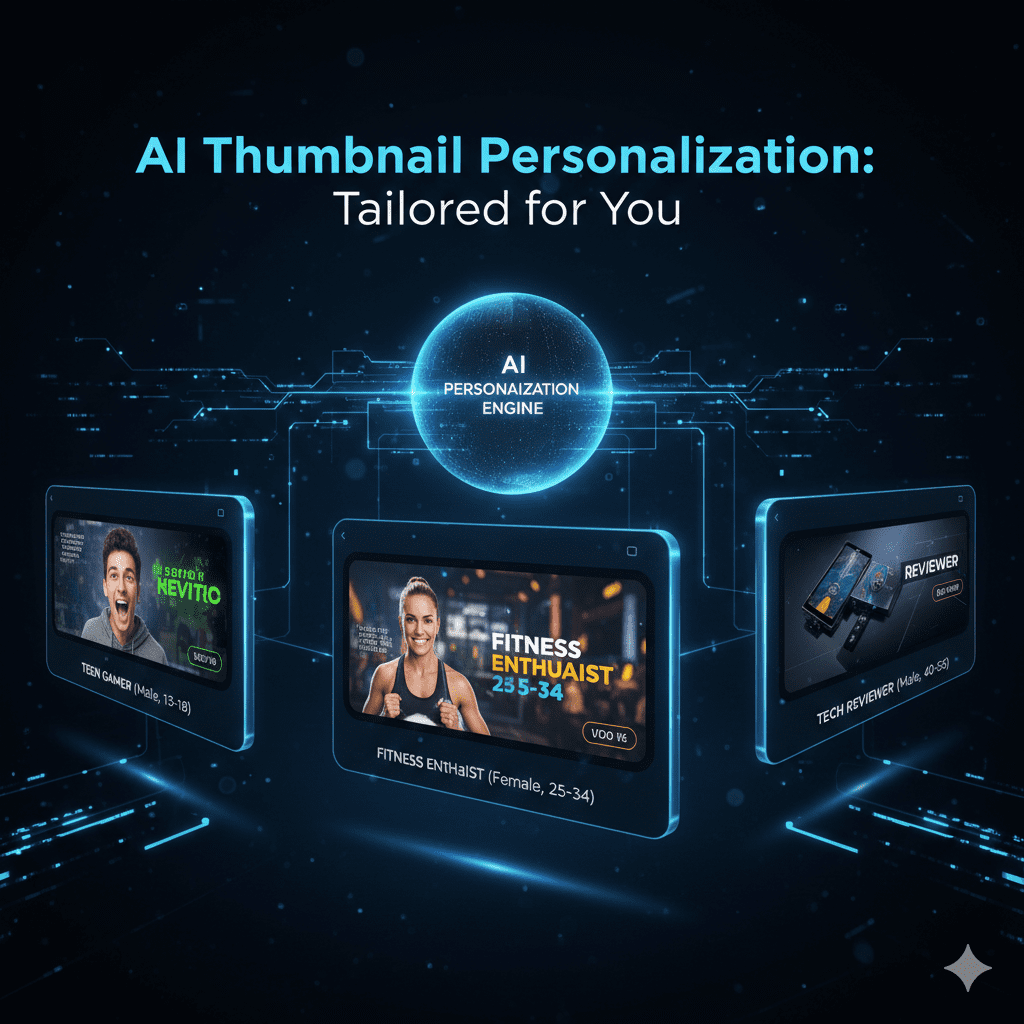 Futuristic visual showing AI thumbnail personalization — multiple thumbnail variations displayed across different viewer demographics on screens, data streams in background