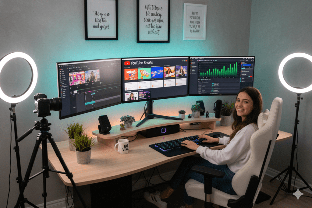 Motivational creator studio setup with multiple screens showing scheduled Shorts content calendar, organized and energetic,