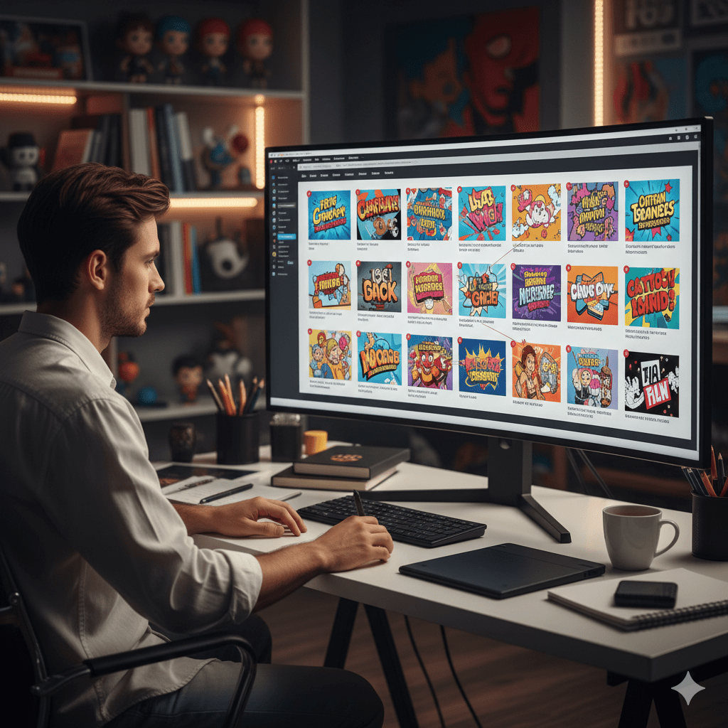 Professional creator at desk with large monitor showing a cartoon thumbnail moodboard, colorful thumbnail reference images pinned on a digital mood board, creative studio environment