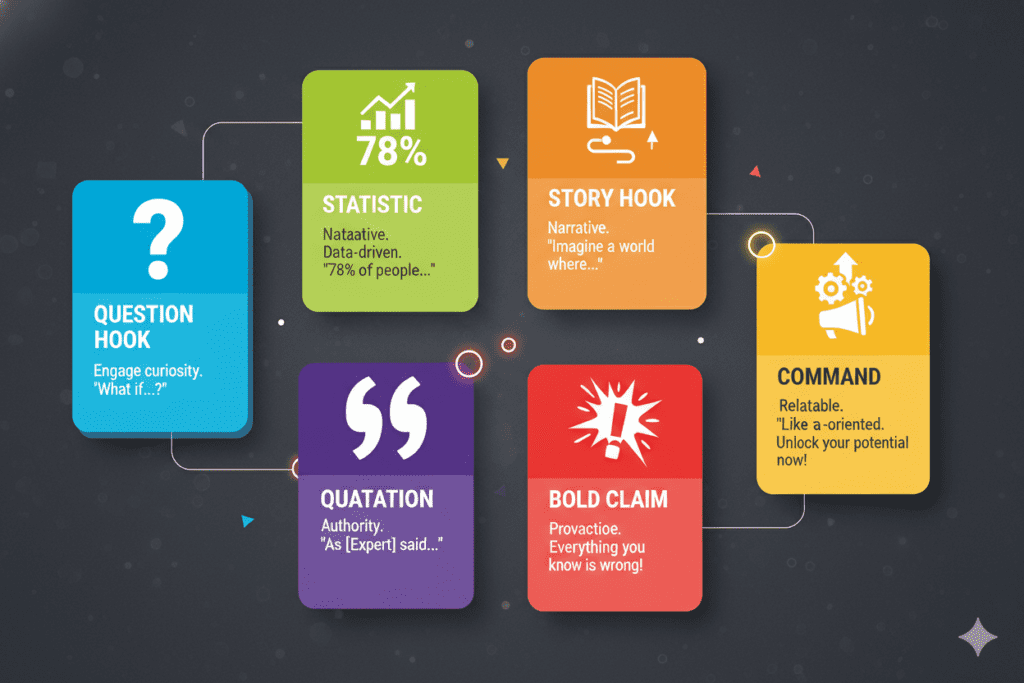 Seven different hook types shown as colorful cards or tiles on a board, creative infographic style, vibrant colors