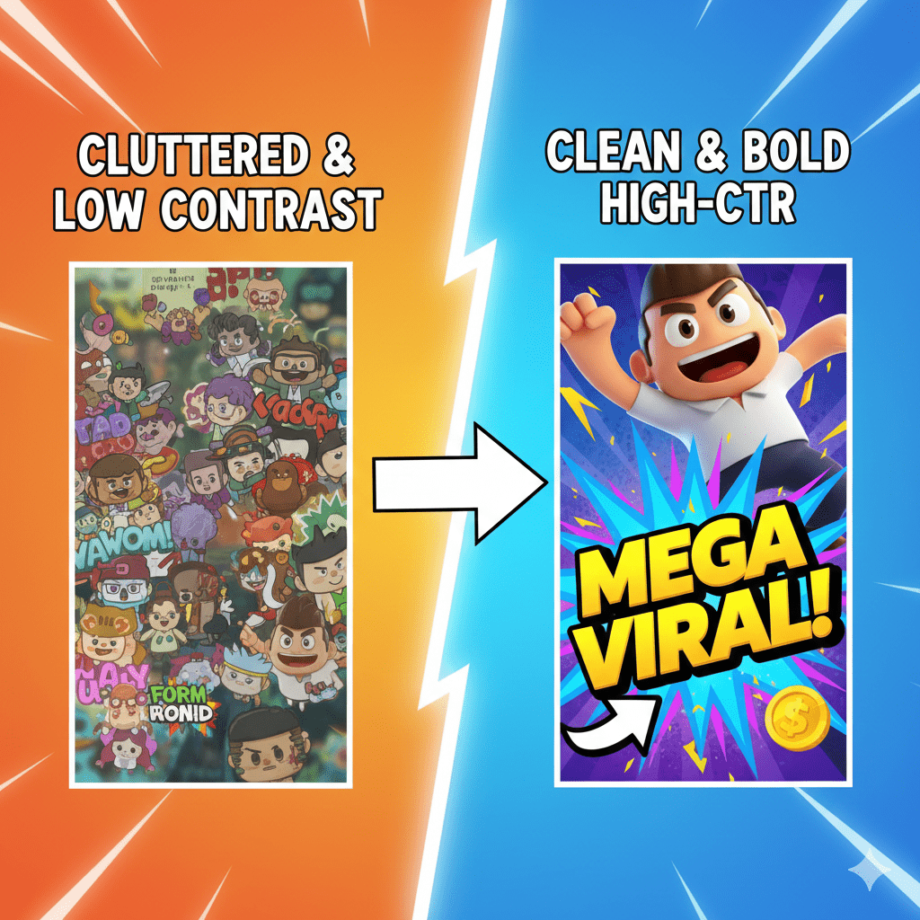 [IMAGE PROMPT: Side-by-side comparison of a cluttered, low-contrast cartoon thumbnail versus a clean, bold, high-CTR cartoon style thumbnail, dramatic improvement visual, bright design, 16:9]