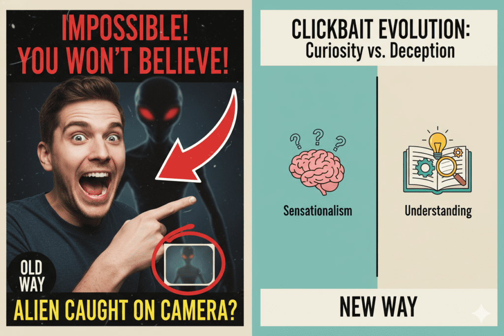 Side-by-side comparison of misleading old-school clickbait thumbnail vs. modern high-CTR ethical thumbnail with curiosity-driven design, educational visual contras