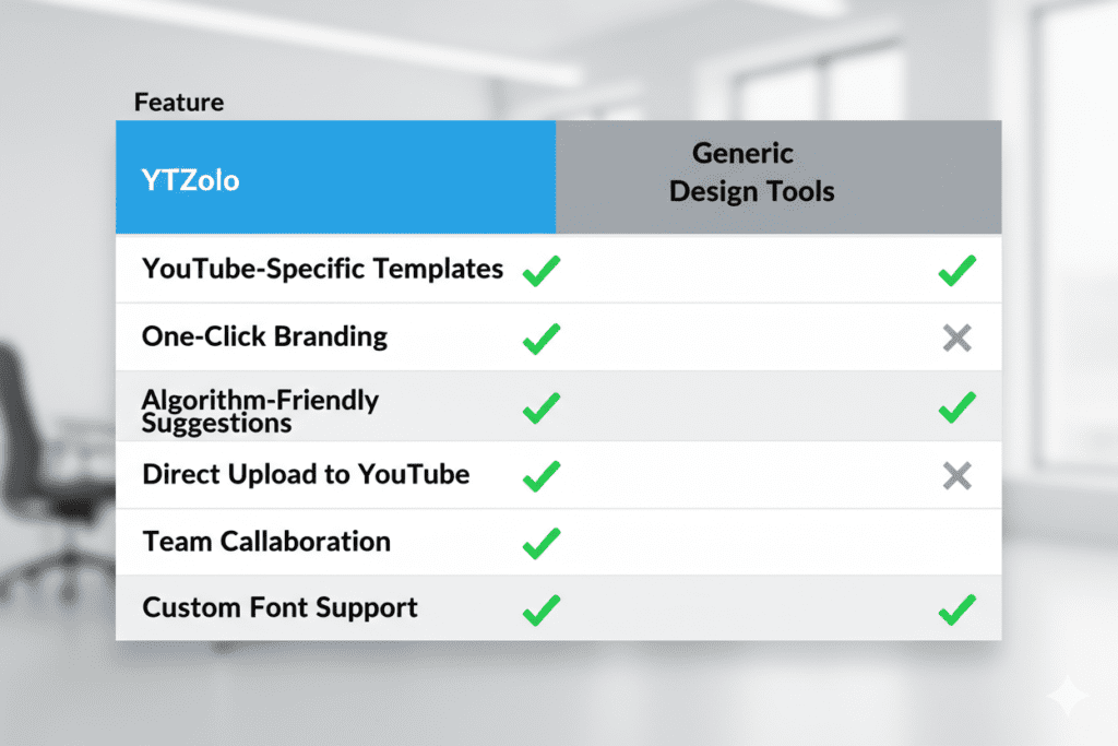 Side-by-side feature comparison table showing YTZolo vs generic design tools, modern UI style, bright and clean