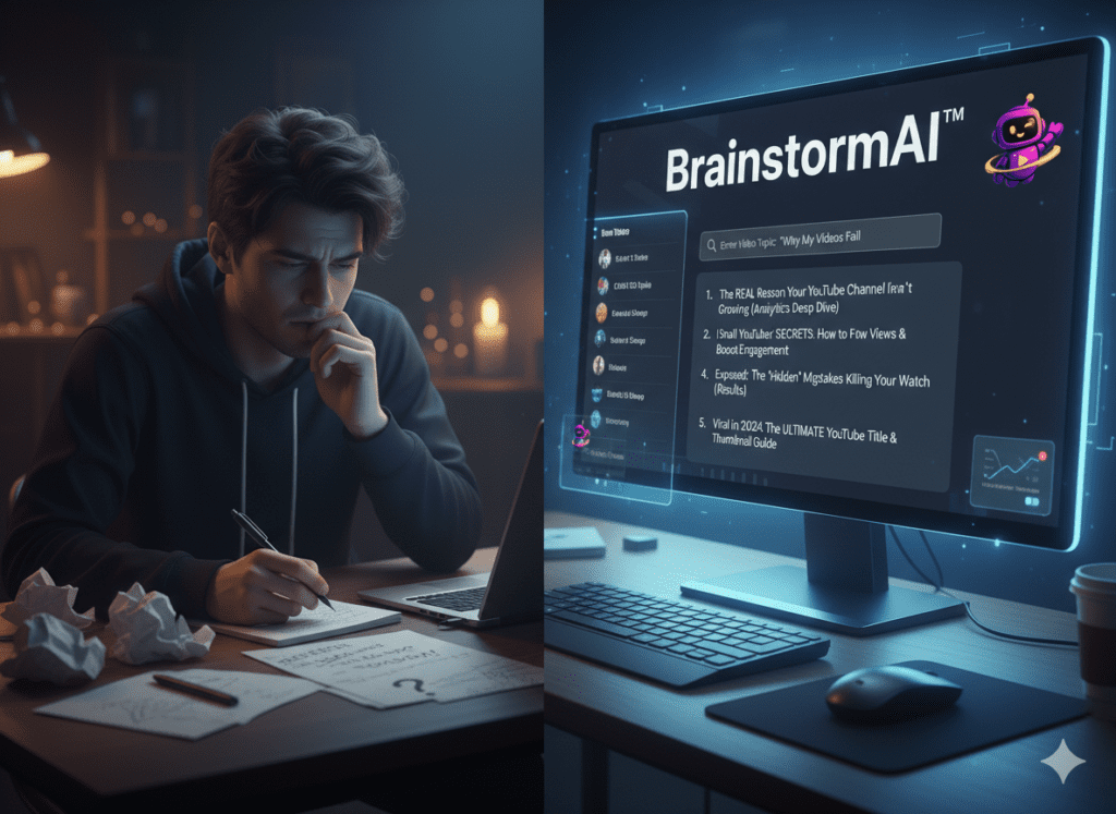 Split screen of creator writing titles by hand vs. sleek AI dashboard generating YouTube title suggestions, modern tech aesthetic