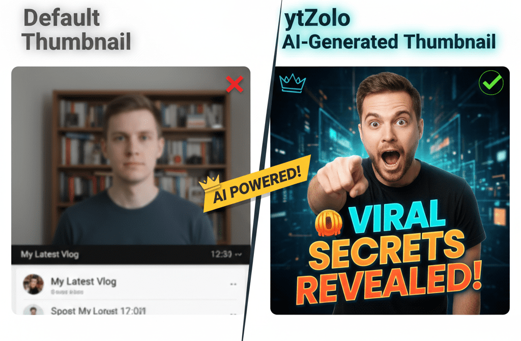 Split screen showing a bland default YouTube thumbnail versus a bold AI-generated thumbnail with bright colors and emotion, clear contrast, 169]