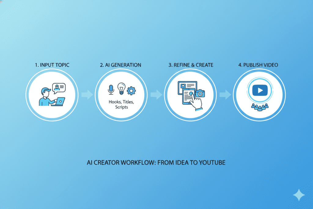 Step-by-step numbered guide illustration showing a creator going from topic input to published video using AI tool, clean infographic style, blue gradient background