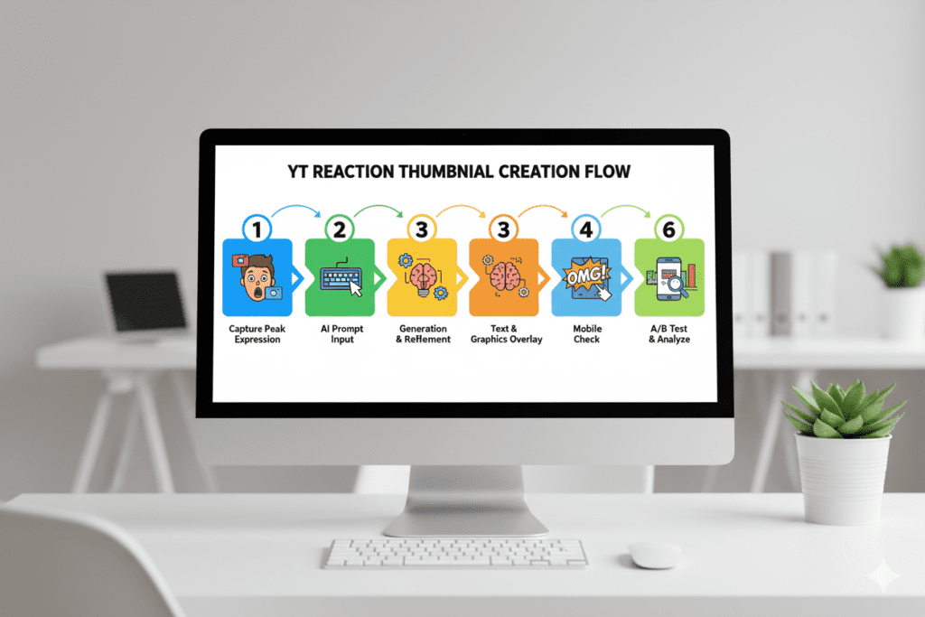 [IMAGE PROMPT: Step-by-step numbered infographic showing reaction thumbnail creation process — peak expression capture, AI prompt, generation, text overlay, mobile check, A/B test — bright colorful icon design, 