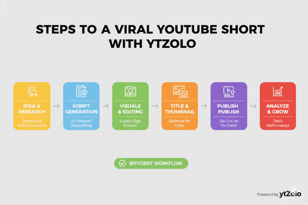 Step-by-step visual workflow showing the 6 steps from idea to published YouTube Short, flowchart design, bright colors, 