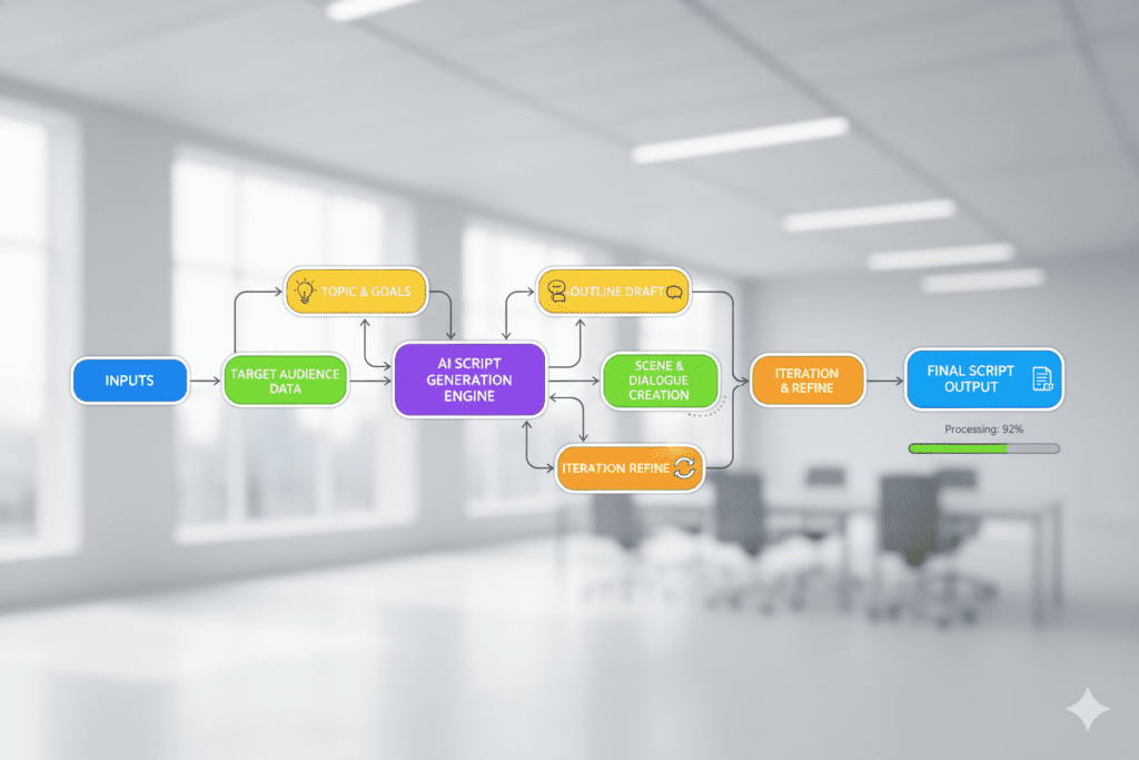 Step-by-step workflow diagram of AI script generation process on a modern interface, bright colors,