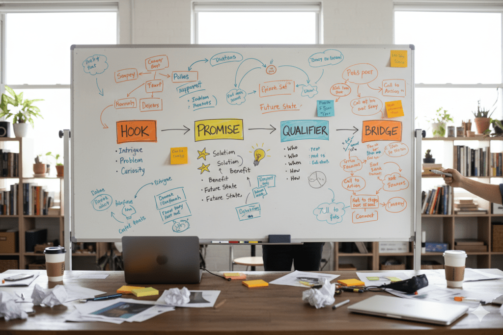 Whiteboard with "Hook → Promise → Qualifier → Bridge" written with sticky notes and diagrams, creator planning session,