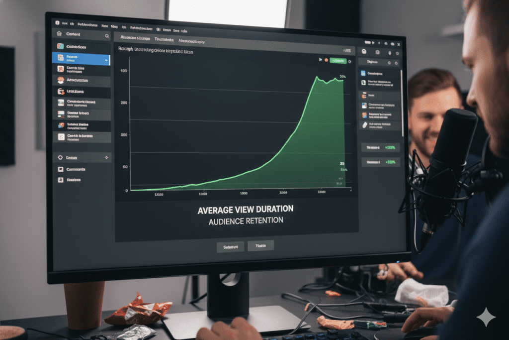 YouTube analytics dashboard showing high retention graph with green upward curve, close-up view, 