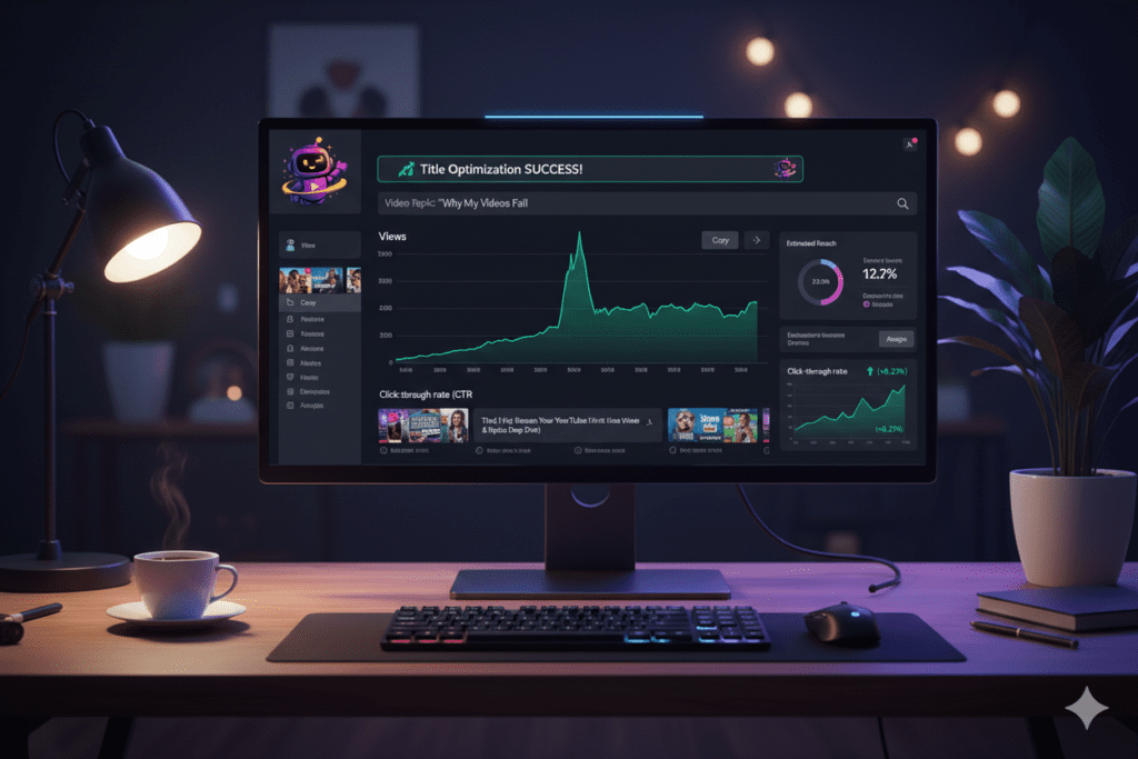 YouTube analytics dashboard showing spike in views and CTR after title optimization, dark mode UI