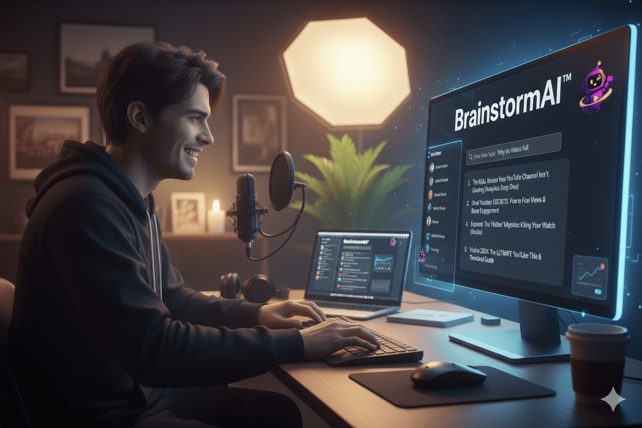 YouTuber working on laptop with AI dashboard showing YouTube title suggestions, modern home studio setup, motivational vibe