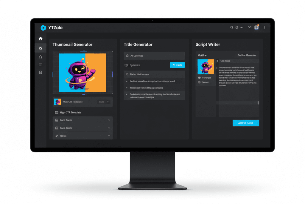 youtube thumbnail generator no watermark | YTZolo AI dashboard interface showing thumbnail generator, title generator, and script writer features side-by-side on a modern dark-themed UI