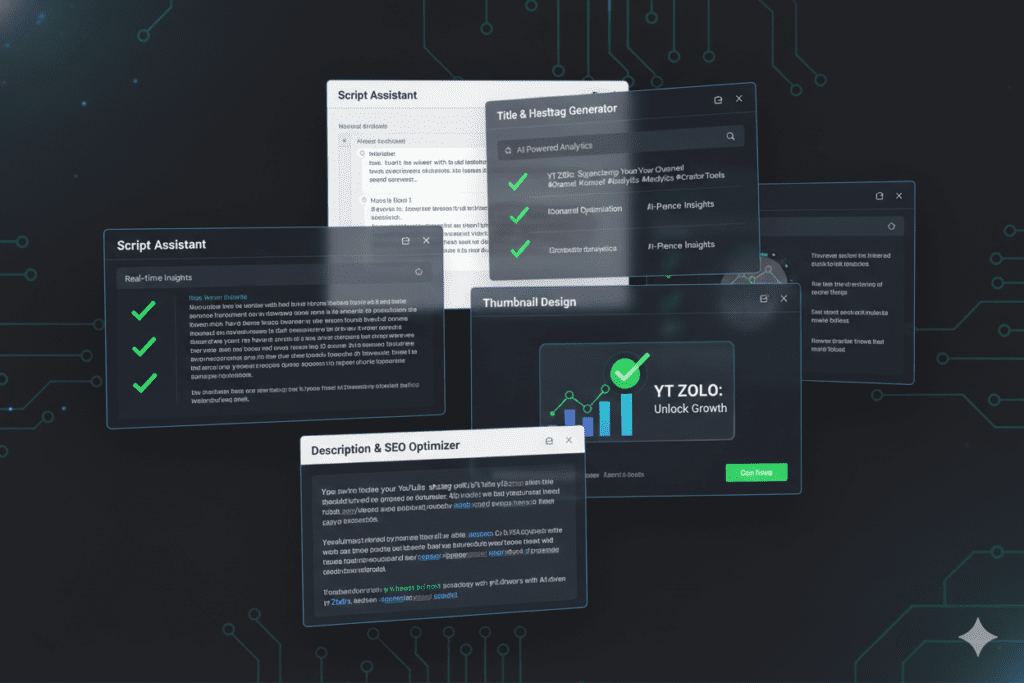 ytZolo features with script, title, thumbnail, and description panels open simultaneously, all within a clean and modern UI.