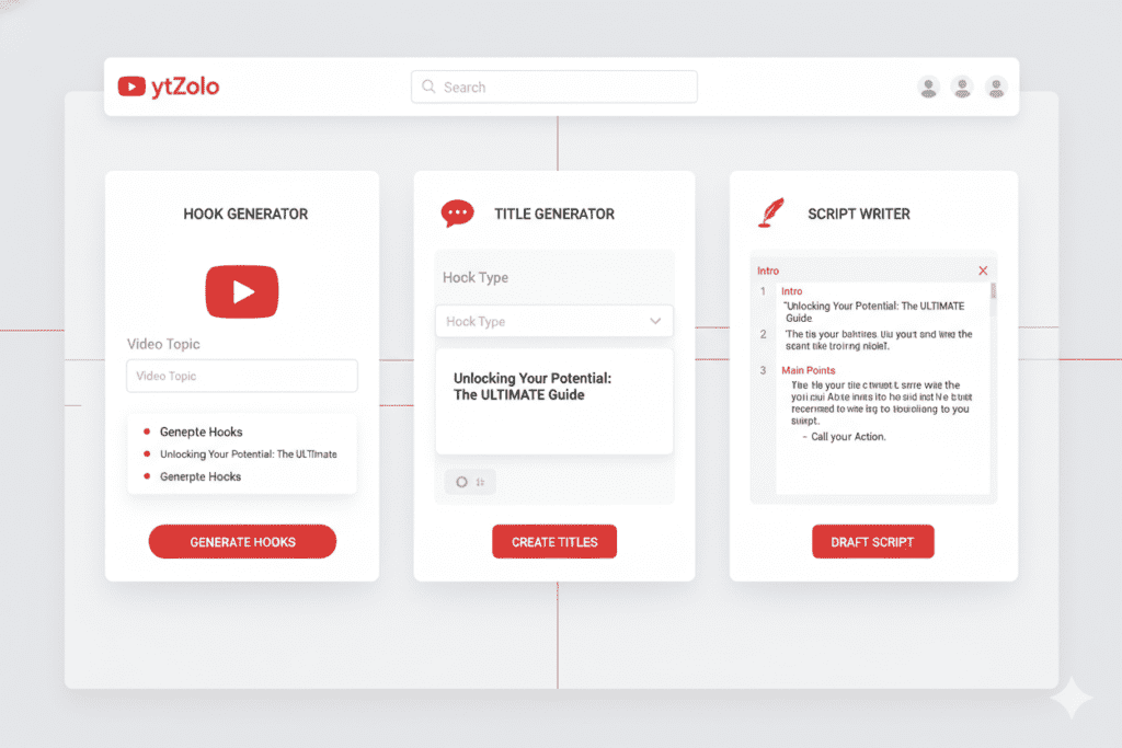 ytZolo platform dashboard showing hook generator, title generator, and script writer features, clean SaaS UI with YouTube branding colors red and white, 