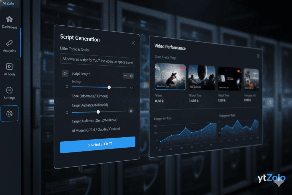 ytZolo-style AI dashboard with script generation panel open, video analytics visible in background, modern dark UI,