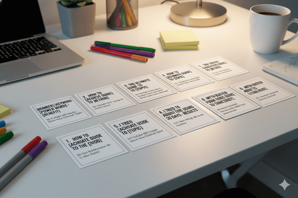  10 title formula cards laid out on a modern desk surface like index cards with example text, creative brainstorming setup, warm lighting