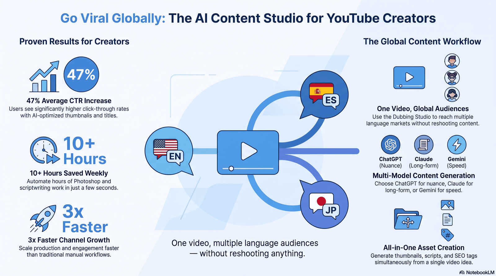 The Best AI Tools for SEO YouTubers in 2026 (That Actually Work) 5 Alt text: Illustration of one YouTube video dubbed into multiple languages
