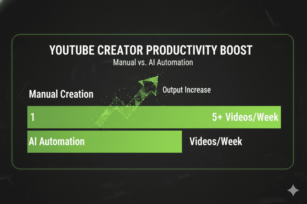 YouTube Content Automation AI: The Complete 2026 Guide to Growing Your Channel on Autopilot 3 Bar chart showing YouTube creator output increasing from 1 video/week manually to 5+ videos/week with AI automation, bold data visualization with green growth bars, dark background,