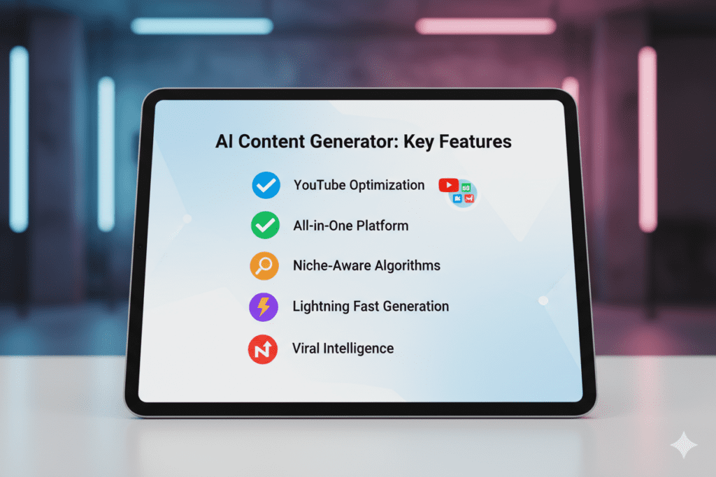 Checklist graphic of five key features for AI content generators — YouTube optimization, all-in-one, niche-aware, fast, viral intelligence — clean UI design on tablet screen,