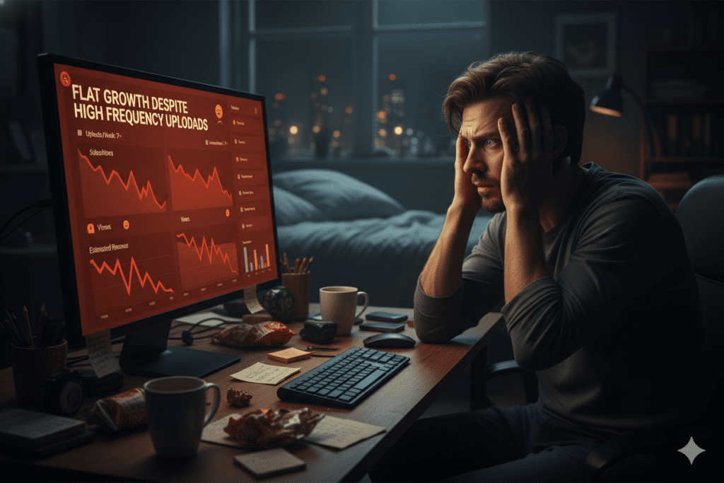 YouTube Content Automation AI: The Complete 2026 Guide to Growing Your Channel on Autopilot 10 Creator looking frustrated at a YouTube analytics screen showing flat growth despite high upload frequency, red declining trend lines, cautionary editorial illustration,
