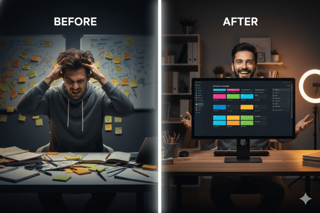 Creator looking frustrated surrounded by sticky notes, messy whiteboards, and notebooks full of ideas vs. clean AI content calendar on screen — before and after, vivid contrast,