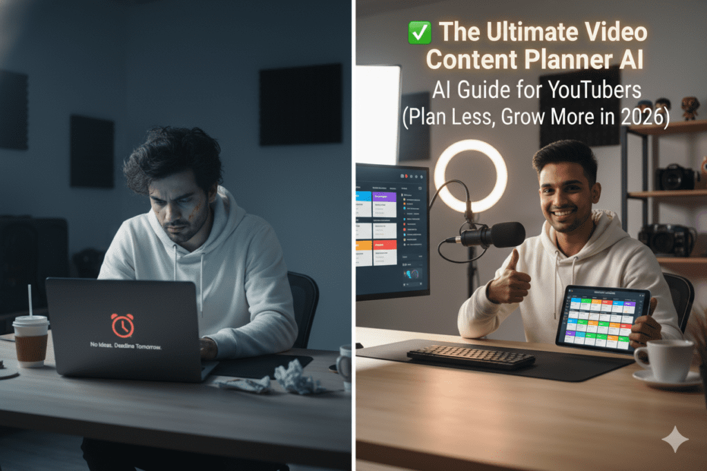 Creator looking stressed at a blank laptop screen on Sunday night vs. same creator confidently reviewing a full AI-generated content calendar on their tablet, split-screen comparison