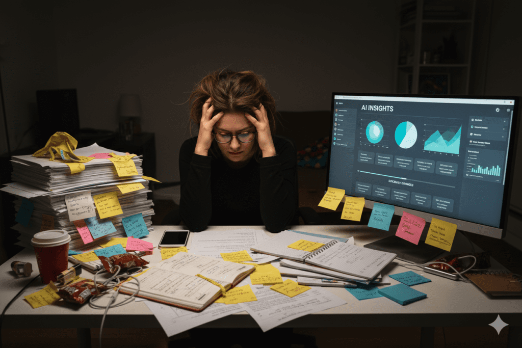 Creator surrounded by sticky notes, printed transcripts, and notebooks at a chaotic desk looking overwhelmed, clean AI dashboard open on a second monitor, dramatic visual contrast