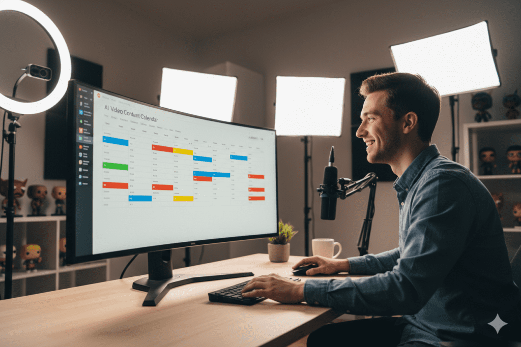 Digital AI content planning dashboard with a 30-day calendar filled with color-coded YouTube video topics, titles, and script status indicators, clean UI design, dark mode, 