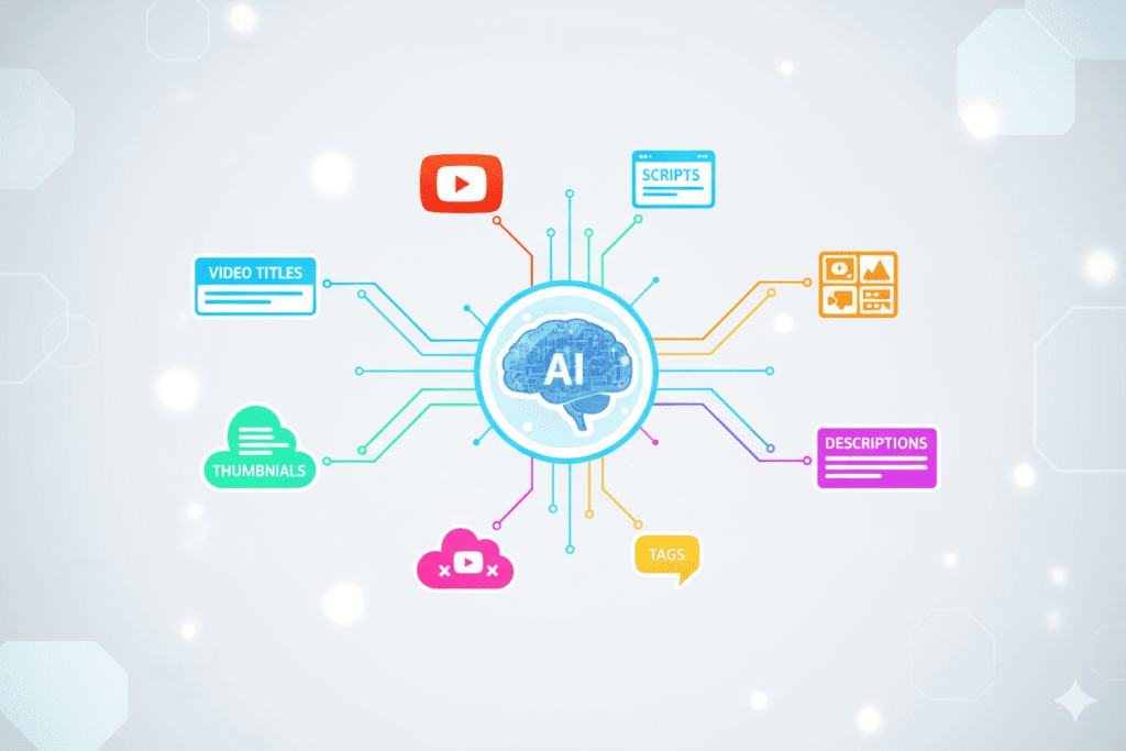 Digital illustration of an AI brain connected to YouTube icons — titles, scripts, thumbnails, tags, descriptions — in a clean flowchart layout, bright color