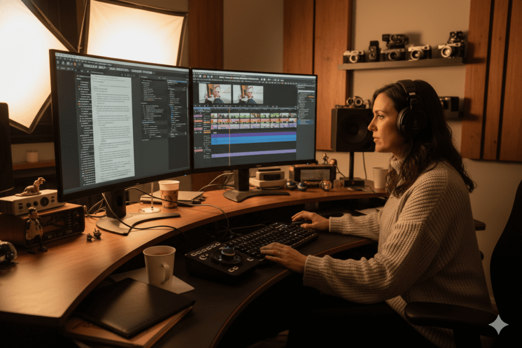 Documentary creator reviewing script pro tips on whiteboard with sticky notes, organized creative production space, natural daylight, confident focused expression,