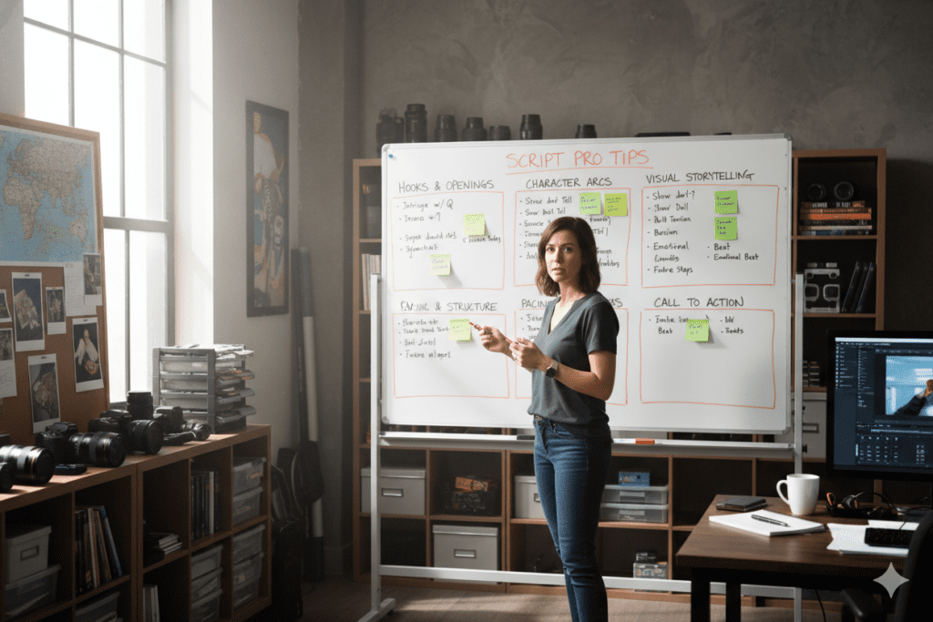 Documentary creator reviewing script pro tips on whiteboard with sticky notes, organized creative production space, natural daylight, confident focused expression, 