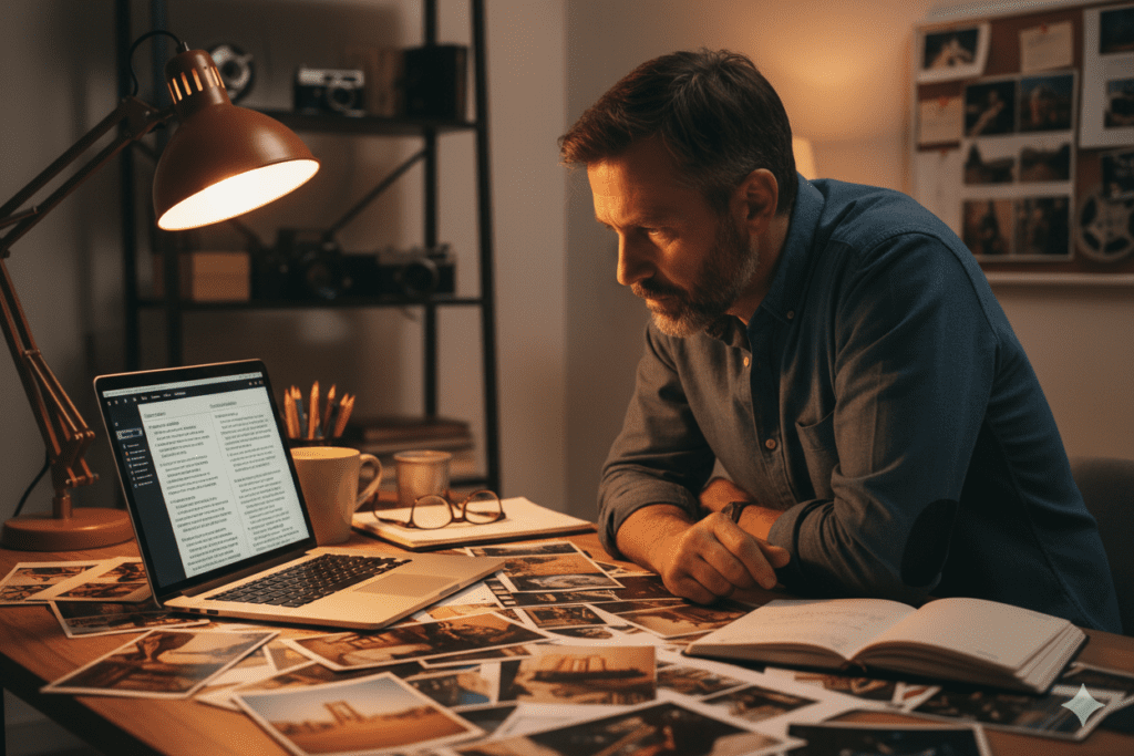 Documentary filmmaker reviewing a two-column AI-generated script on a laptop with film stills spread across the desk, warm amber desk lamp, professional home studio