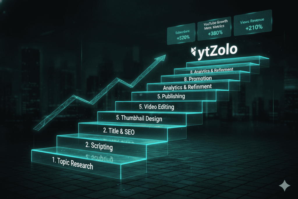 YouTube Content Automation AI: The Complete 2026 Guide to Growing Your Channel on Autopilot 8 Eight-step creator workflow illustrated as an ascending staircase with ytZolo logo at the top step and YouTube growth metrics glowing above it, motivational editorial style