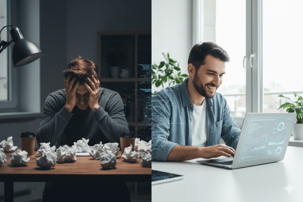 Exhausted YouTuber surrounded by crumpled paper vs. energized creator using AI tool on sleek laptop, split screen contrast, 