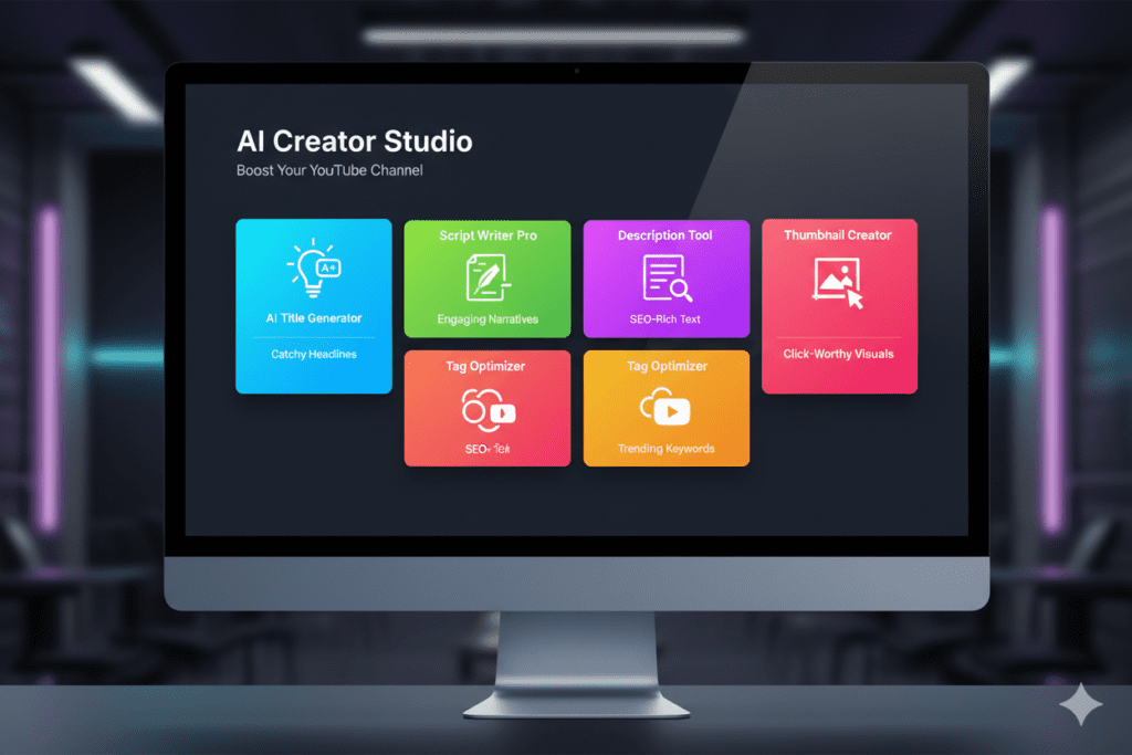 Feature cards for AI title generator, script writer, description tool, tag optimizer, and thumbnail creator arranged in a modern app UI mockup, vibrant color