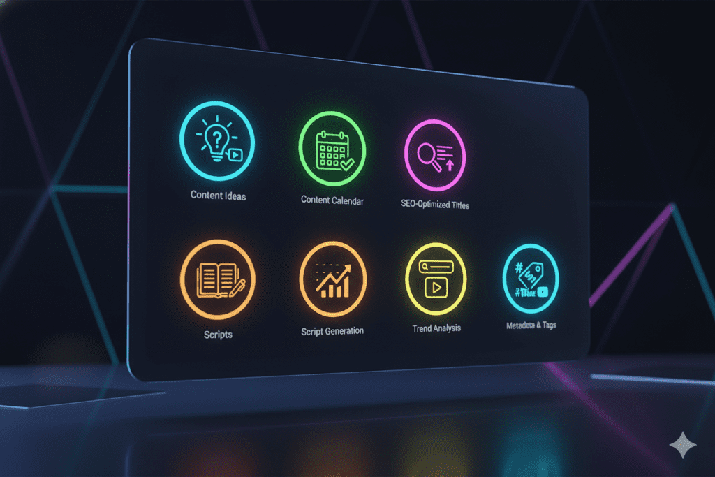 Feature highlight icons for a video content planner AI tool — content ideas, calendar, SEO titles, scripts, trend data, metadata — displayed on a glowing app interface mockup