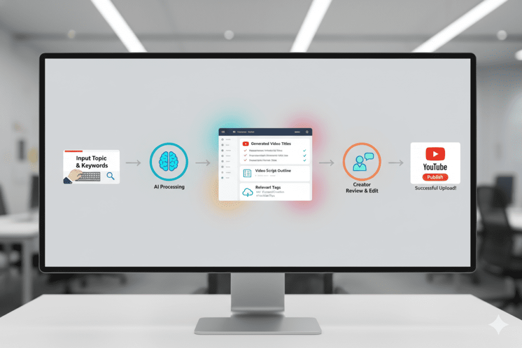  Five-step workflow diagram showing a creator inputting a topic into an AI dashboard and receiving generated titles, scripts, and tags — clean minimal infographic
