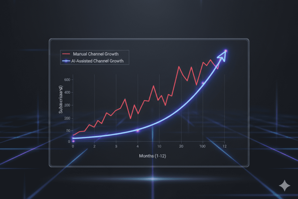 Graph showing slow manual channel growth vs. steep AI-assisted channel growth over 12 months, clean data visualization on dark background, 