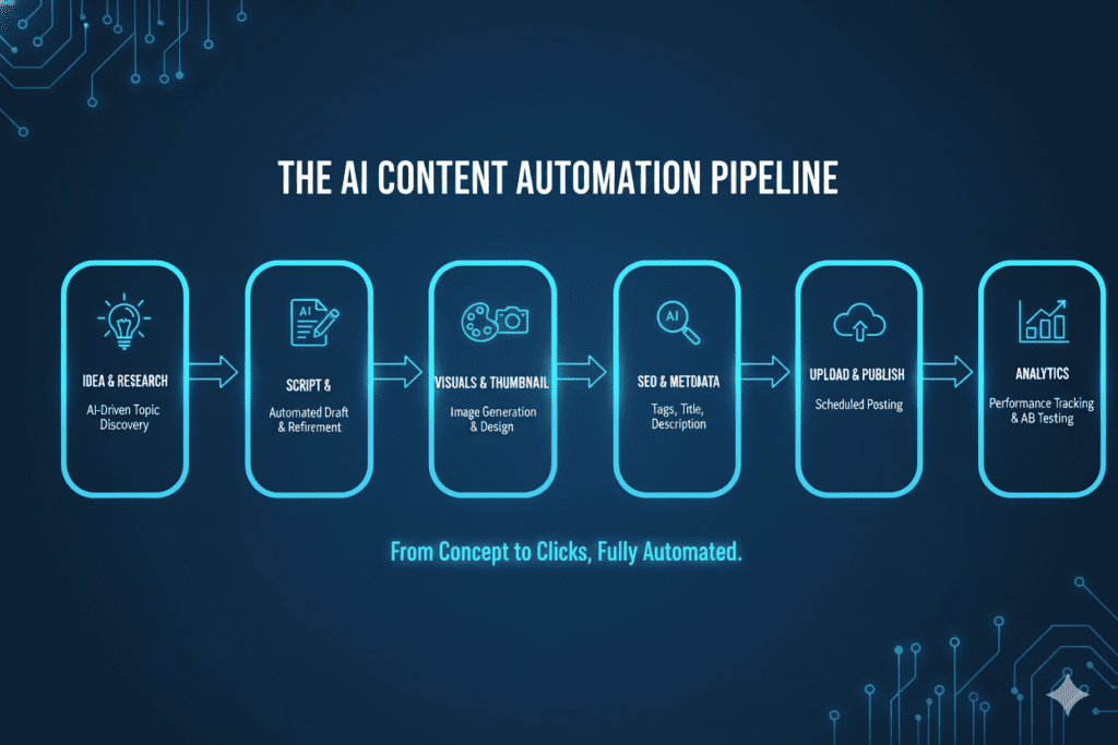 YouTube Content Automation AI: The Complete 2026 Guide to Growing Your Channel on Autopilot 2 Illustrated flowchart showing the stages of a YouTube content automation AI pipeline — idea, script, thumbnail, SEO, upload, analytics — each stage labeled with a glowing AI icon, clean modern infographic,
