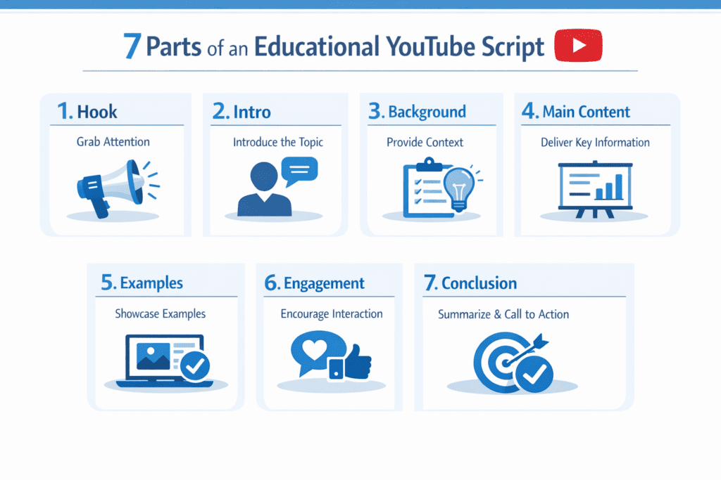 Infographic-style visual of the 7 parts of an educational YouTube script template, clean design with numbered sections, blue and white color scheme