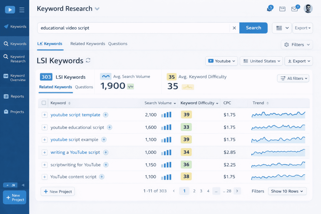  Keyword research dashboard showing LSI keywords for educational video script, AI-powered SEO tool, modern interface,